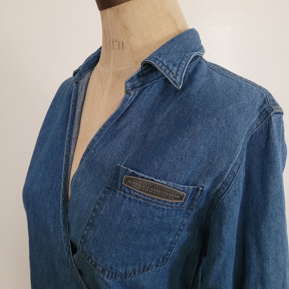 Harley Davidson Womens Denim Wrap Tie Belt Top 100% Cotton S Motorcycle Street - Picture 9 of 13